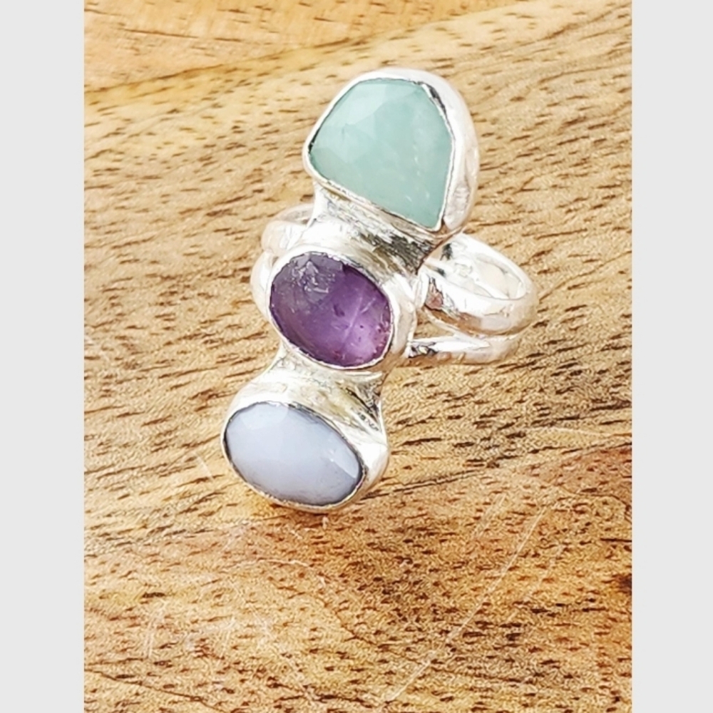 AMETHYST, AMAZONOT & LACE AGATE DOUBLE BAND HSNDMADE RING Size 6.5 - Picture 5 of 6